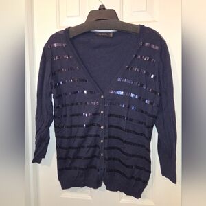 The Limited: Dark Blue Sequin Light-weight V-neck Cardigan.  Size XL.
